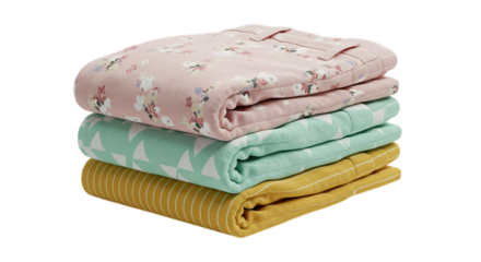 Stack of three folded Pant in pastel colors isolated on transparent background