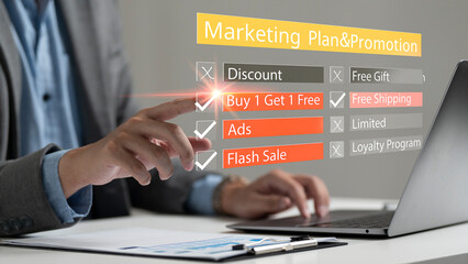marketing strategy and promotion Concept. increase sales. Businessman using digital marketing and online advertising dashboard with marketing strategy, business growth and campaign performance. 