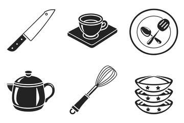 Vector art of a collection of kitchen utensils including a knife cup teapot