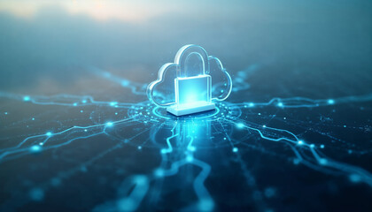 A padlock icon over a network of connected devices and servers, symbolizing cybersecurity and data protection in cloud environments safe lock