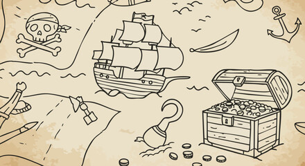 Vintage Hand Drawn Pirate Treasure Map with Ship Chest and Skull
