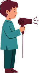 Fototapeta premium Boy using hairdryer blowing air with focused expression vector illustration
