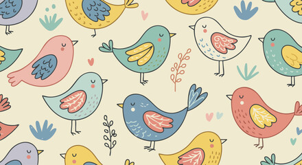 Cute colorful hand drawn birds seamless pattern