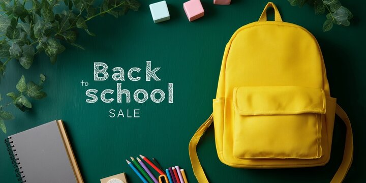 Bright yellow backpack and school supplies highlighting a back to school sale on a green chalkboard background