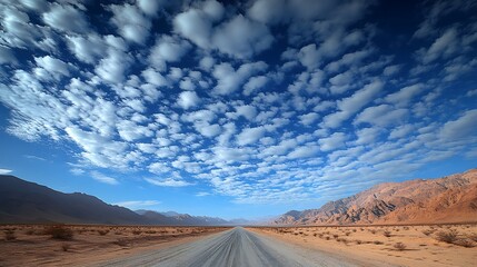 Fototapeta premium A vast, open road stretches into a sky filled with a multitude of cumulus clouds.