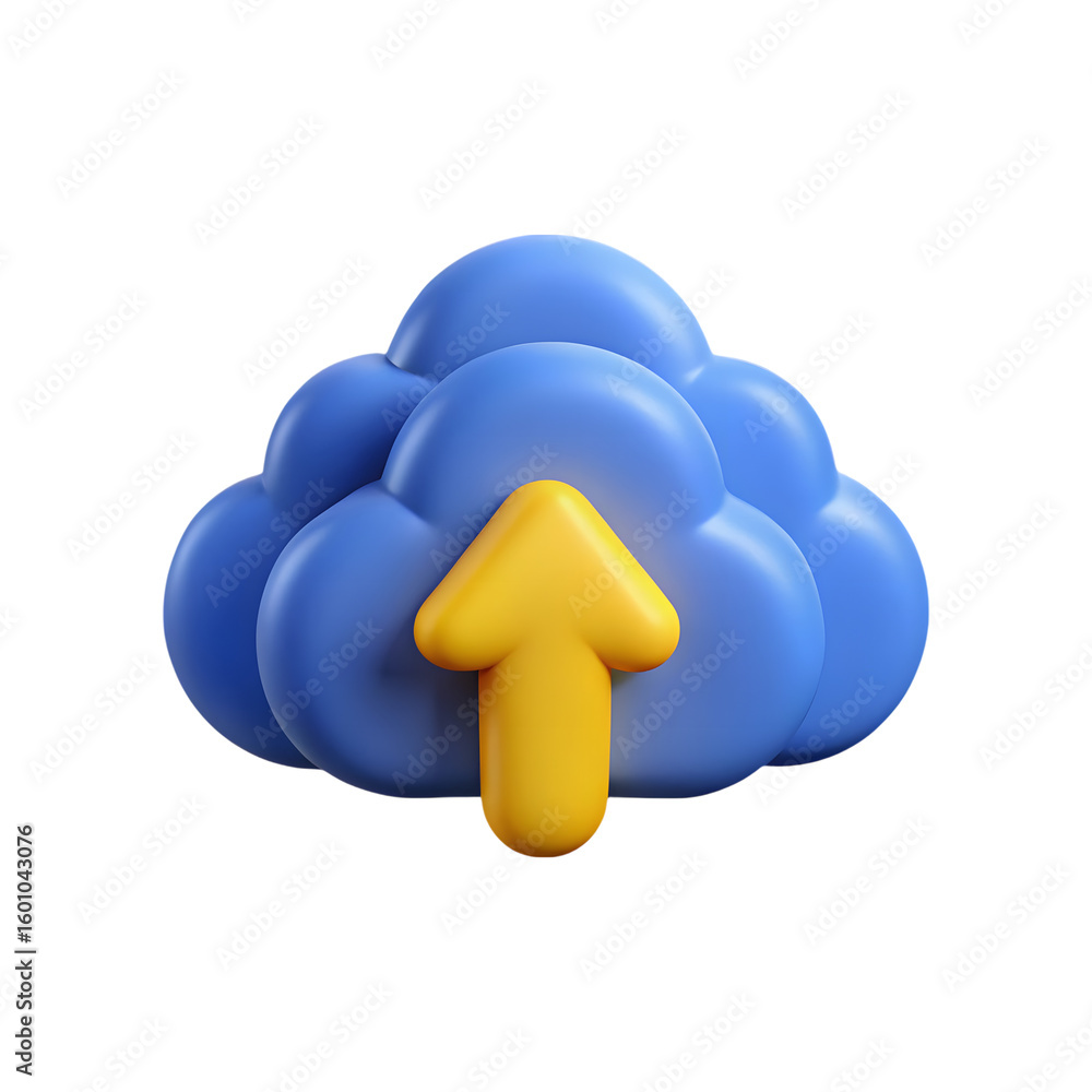 Poster blue cloud with yellow upload arrow isolated on transparent background