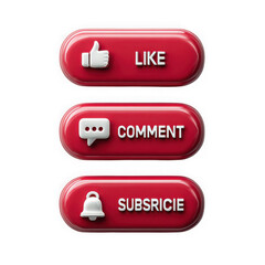 A set of three rounded red and white social media buttons for liking commenting and subscribing