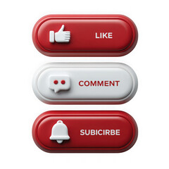 A set of three rounded red and white social media buttons for liking commenting and subscribing
