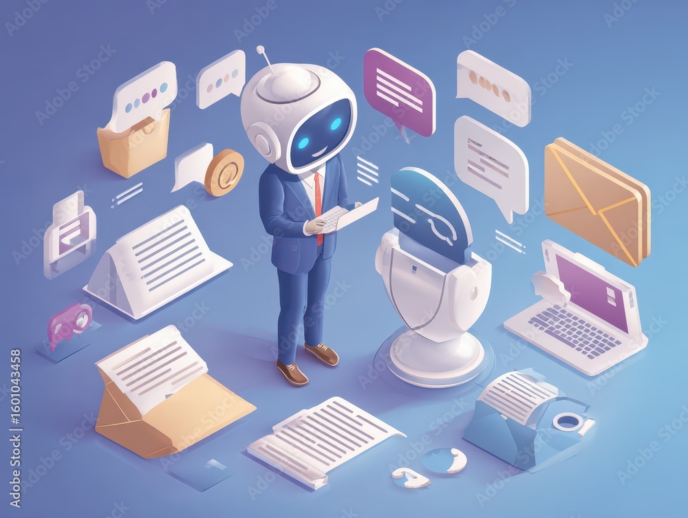 Poster ai customer service system concept. businessman accessing digital assistant email, voice, chat, and 