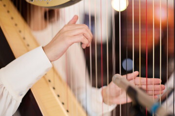 Close-Up of Hands Playing the Harp