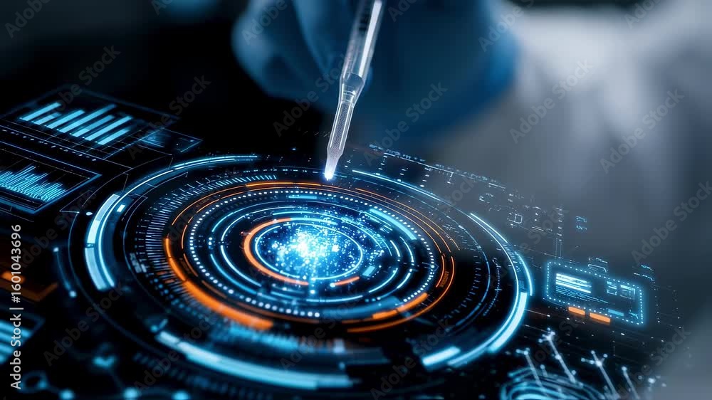 Poster gloved hand using a pipette dropping liquid on a futuristic digital display with glowing circles and