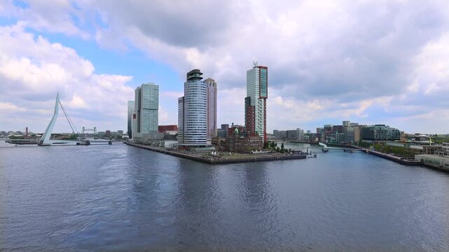 Panoramic view of Erasmus Erasmusbrug bridge in Rotterdam. Financial business district skyline