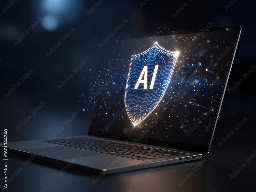 Poster ai cybersecurity concept. laptop with virtual shield icons representing data privacy and digital pro
