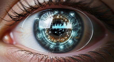 Human eye with digital interface overlay for augmented reality and future technology concept vision data