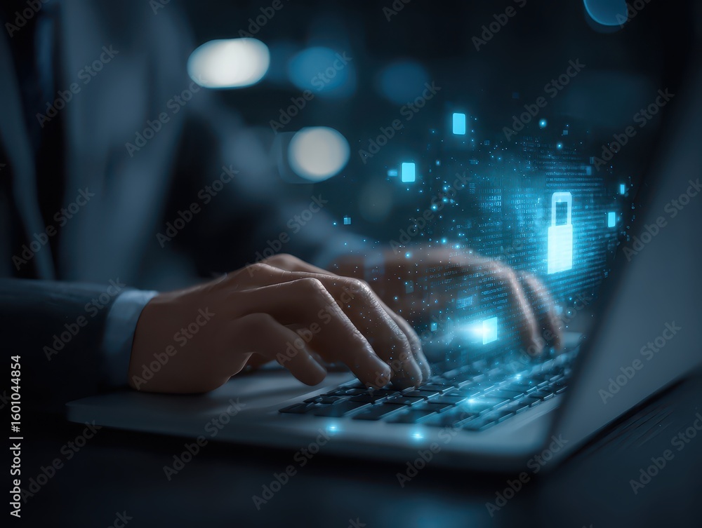 Poster ai data security and cyber protection concept. businessman using laptop and virtual interface to pro