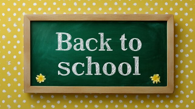 Back to school chalkboard sign with flowers on a dotted yellow background
