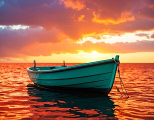 Fototapeta premium Tranquil teal rowboat floats on calm water reflecting a vibrant, fiery sunset sky.
