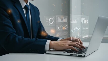 A suited person uses a laptop, with data visualizations floating nearby. The lighting is bright, with digital overlays - Powered by Adobe