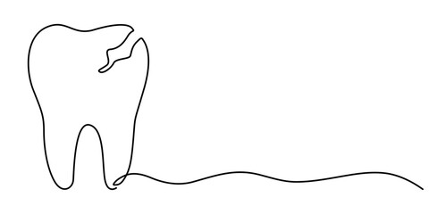 Single one line drawing a middle cracked tooth. Painful. Discomfort. Importance of dental care. Prevention to avoid dental problems. National Toothache. Continuous line design graphic illustration. 