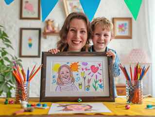 Fototapeta premium Joyful mother and son proudly displaying children s artwork