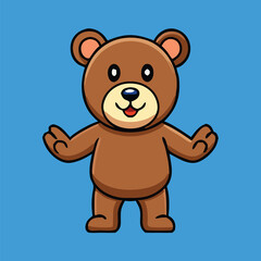 Fototapeta premium Cartoon brown bear standing happily with its arms raised on a blue background