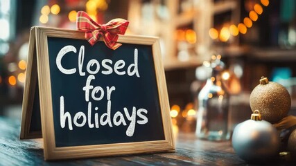 Festive 'Closed for Holidays' message with christmas decorations, bright bokeh background - Powered by Adobe