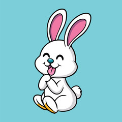 Obraz premium Adorable cartoon white bunny is sticking its tongue out happily on light blue background