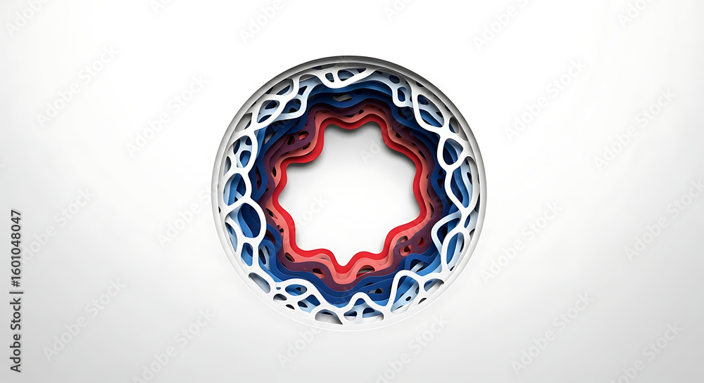 Poster abstract layered circle design with white outer shell and red and blue inner layers on white surface