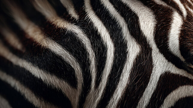 Zebra fur background with organic black and white stripes on natural hide.