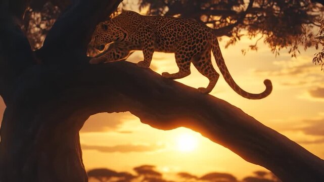 Leopard Silhouette: Majestic Feline on Tree Branch at Sunset in African Savannah