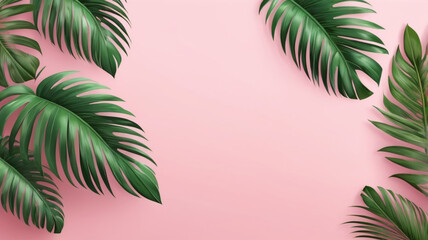 Fototapeta premium 3D render of realistic palm leaves on pink background for cosmetic ad or fashion illustration. Tropical frame exotic banana palm. Sale banner design. 