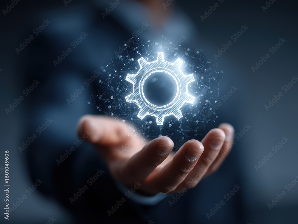 Poster ai integration in business technology concept with a businessman holding a virtual gear icon, automa