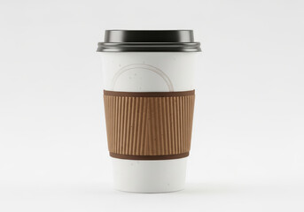 A white paper coffee cup with a brown cardboard sleeve and black lid sits on a neutral