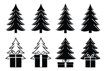 Obraz premium Black silhouette Christmas trees and gift boxes white