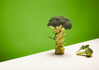 A head of broccoli stands upright on a white surface, positioned against a vibrant green background.