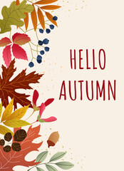 Vector autumn card with vibrant colorful leaves, acorn, berries and textured background. Fall greeting with cozy woodland style. Hello autumn vertical design for seasonal print, banner or postcard