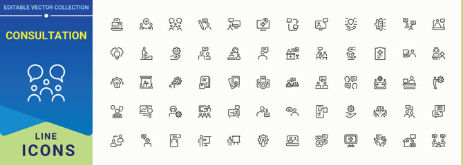 Consultation icon set. Consultation icon set. Thin linear style icons. Containing project management, process optimization, head, office, information and more. Pictogram and infographic.