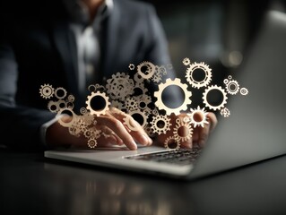 AI powered automation for business process and workflow. Many gear icons. Businessman using laptop computer to manage intelligent process automation technology.