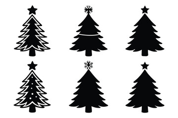 Obraz premium Six black silhouette Christmas trees with stars and snowflakes