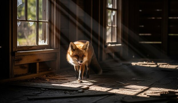 Curious red fox exploring an abandoned cabin in the woods, sunlight filtering through broken window slats, sense of mystery