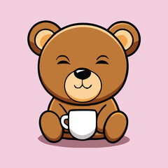 Obraz premium Cartoon brown bear holds a white cup and sits calmly against pink background