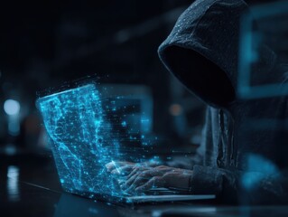 AI security and automated threat response. Artificial intelligence powered detection and prediction. Man using laptop computer with machine learning based network security system. See Less