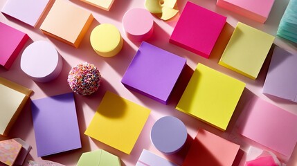 Colorful collection of sticky notes and craft supplies arranged on a table for creative projects