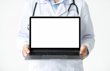 Online appointment with doc, telehealth, remote medicine concept. Laptop computer with white blank...