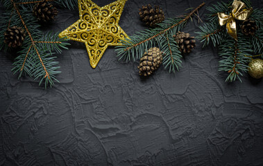 Christmas stone background with snow fir tree. Top view with copy space