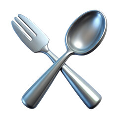 A silver fork and spoon crossed over each other presented in a clean polished 3d render isolated against a stark transparent background