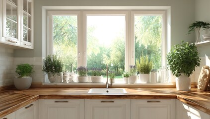 Kitchen Window with Potted Herbs on Windowsill, White Cabinets, Wooden Countertop, and Outdoor View