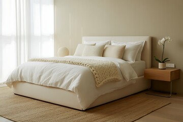 Cozy modern bedroom with soft neutral tones, inviting comfort and serene ambiance perfect for relaxation and creating a tranquil space
