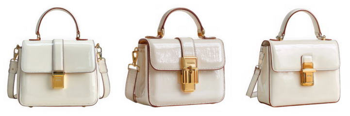Three white patent leather handbags with gold hardware are displayed side by side against a transparent