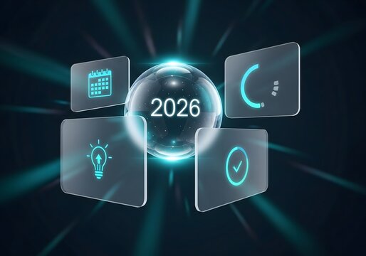 The year 2026 is represented by a glowing orb surrounded by digital icons for planning ideas progress and completion